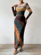 JULIA - Comfy Printed Long Sleeve Round Neck Bodycon Maxi Dress