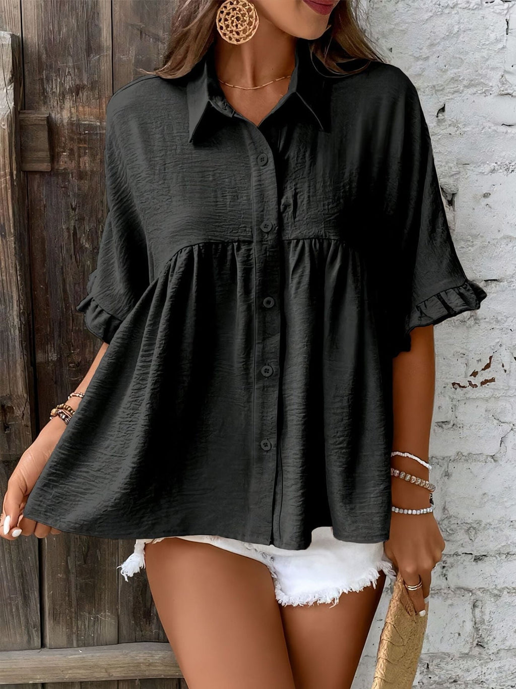 ELLASA - Casual Plus Size Ruffle Button-Front Blouse