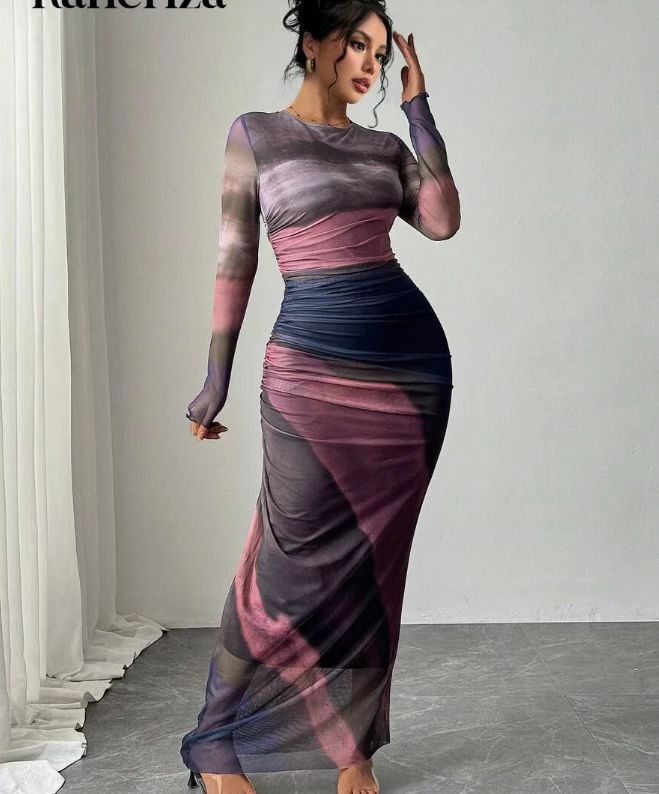 JULIA - Comfy Printed Long Sleeve Round Neck Bodycon Maxi Dress