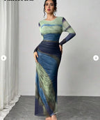 JULIA - Comfy Printed Long Sleeve Round Neck Bodycon Maxi Dress