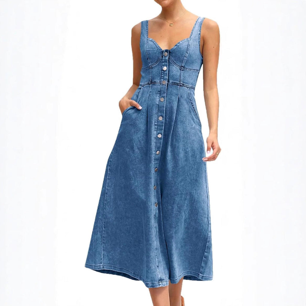 JAYLIN –  Classic Sleeveless Button-Front Denim Dress