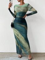 JULIA - Comfy Printed Long Sleeve Round Neck Bodycon Maxi Dress