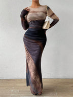TORINA - Comfy Printed Long Sleeve Round Neck Bodycon Maxi Dress
