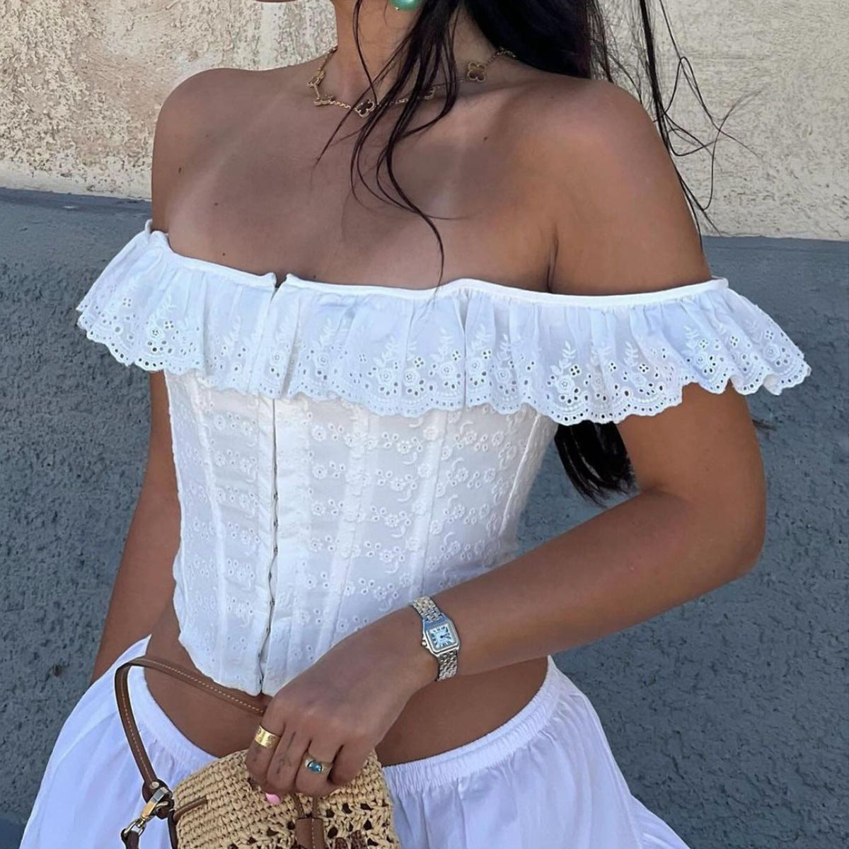 FANELLA – Vintage Eyelet Corset Square Neck Top