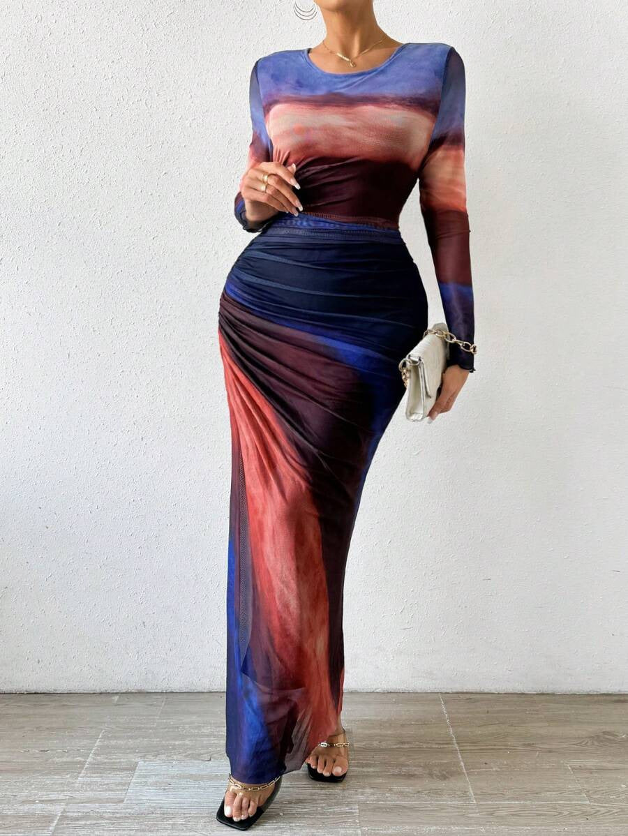 JULIA - Comfy Printed Long Sleeve Round Neck Bodycon Maxi Dress