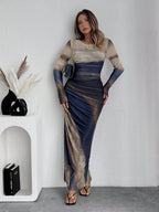 TORINA - Comfy Printed Long Sleeve Round Neck Bodycon Maxi Dress