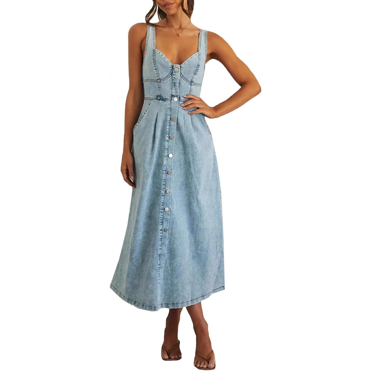 JAYLIN –  Classic Sleeveless Button-Front Denim Dress
