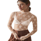 NOVY - Lace Mesh Long Sleeve Fitted Blouse