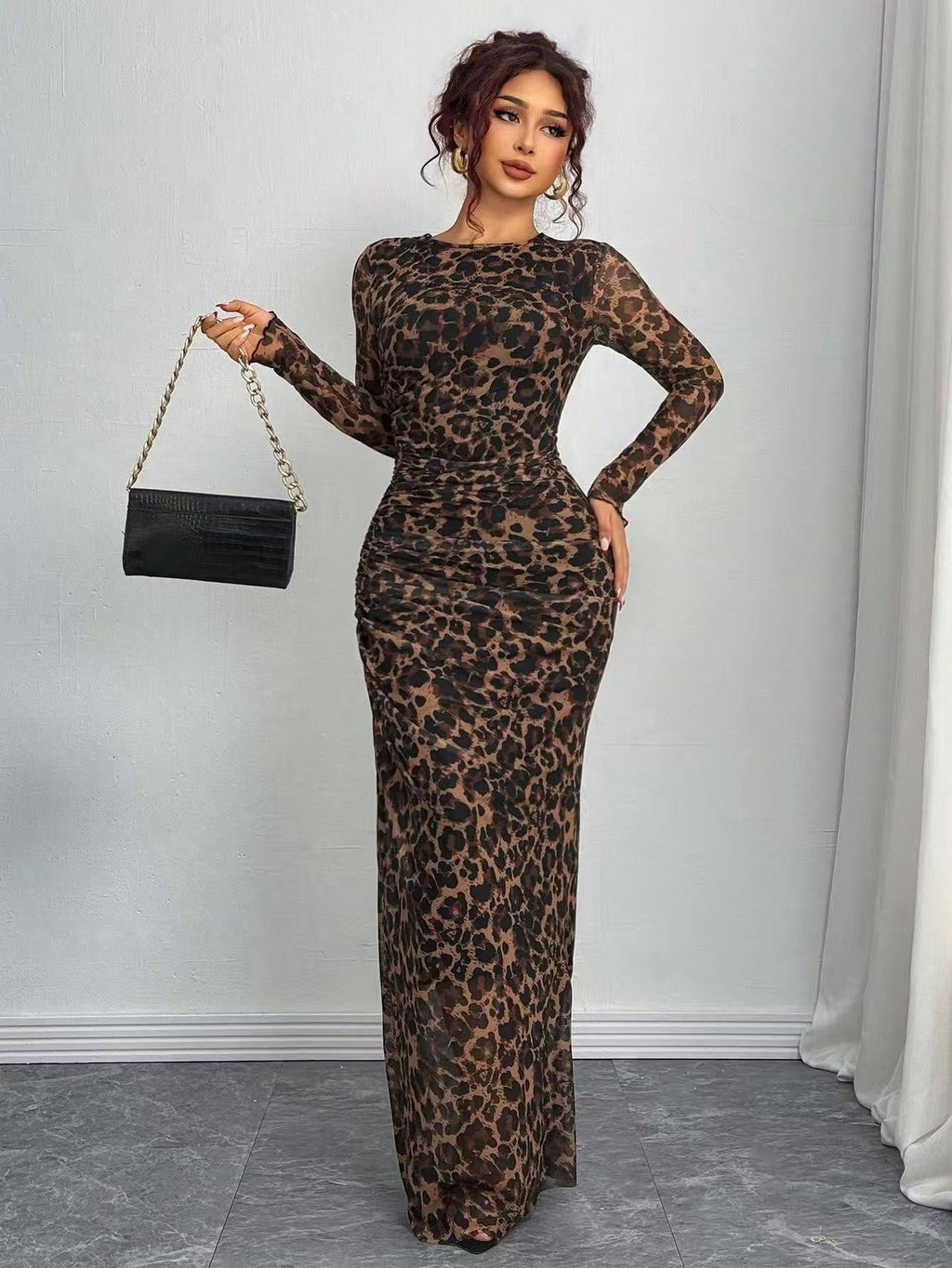 TORINA - Comfy Printed Long Sleeve Round Neck Bodycon Maxi Dress