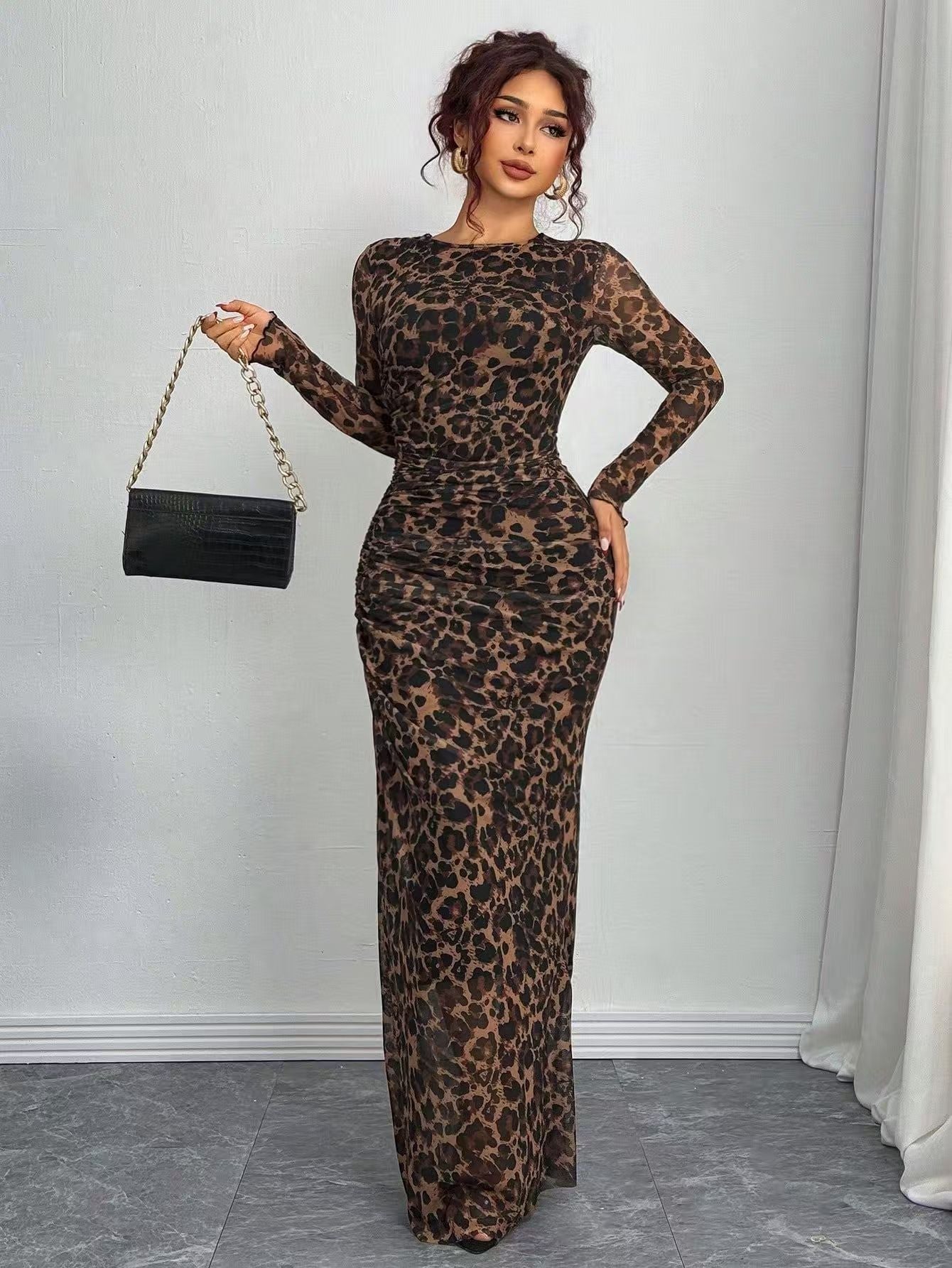 JULIA - Comfy Printed Long Sleeve Round Neck Bodycon Maxi Dress