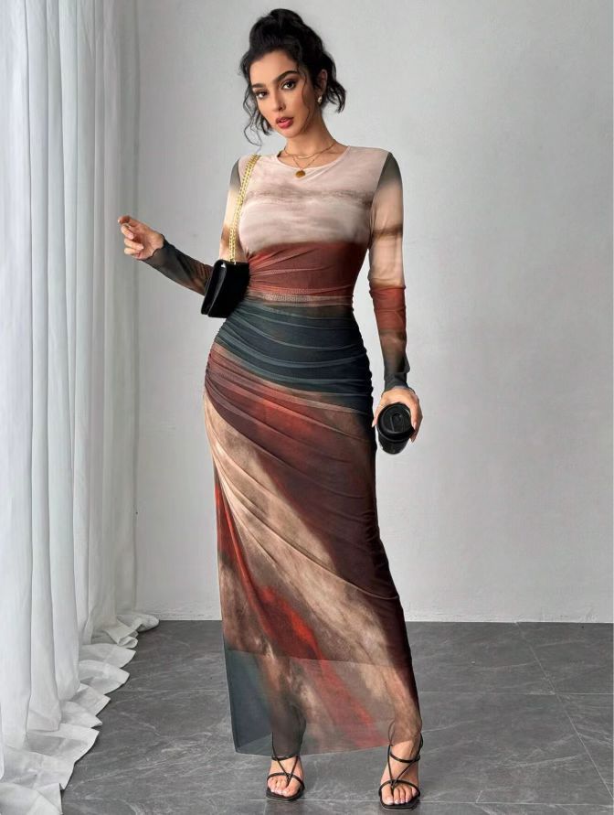 JULIA - Comfy Printed Long Sleeve Round Neck Bodycon Maxi Dress