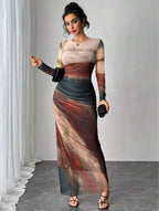 JULIA - Comfy Printed Long Sleeve Round Neck Bodycon Maxi Dress
