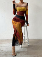 TORINA - Comfy Printed Long Sleeve Round Neck Bodycon Maxi Dress