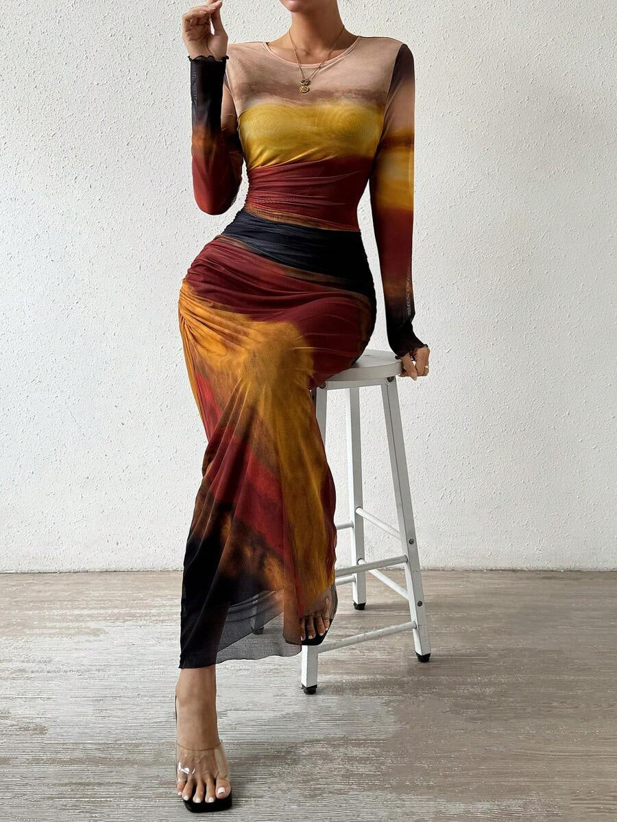 JULIA - Comfy Printed Long Sleeve Round Neck Bodycon Maxi Dress