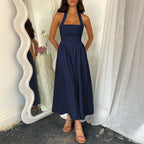 MYRNA - Vintage Summer Sleeveless Halter Neck A Line Maxi Dress