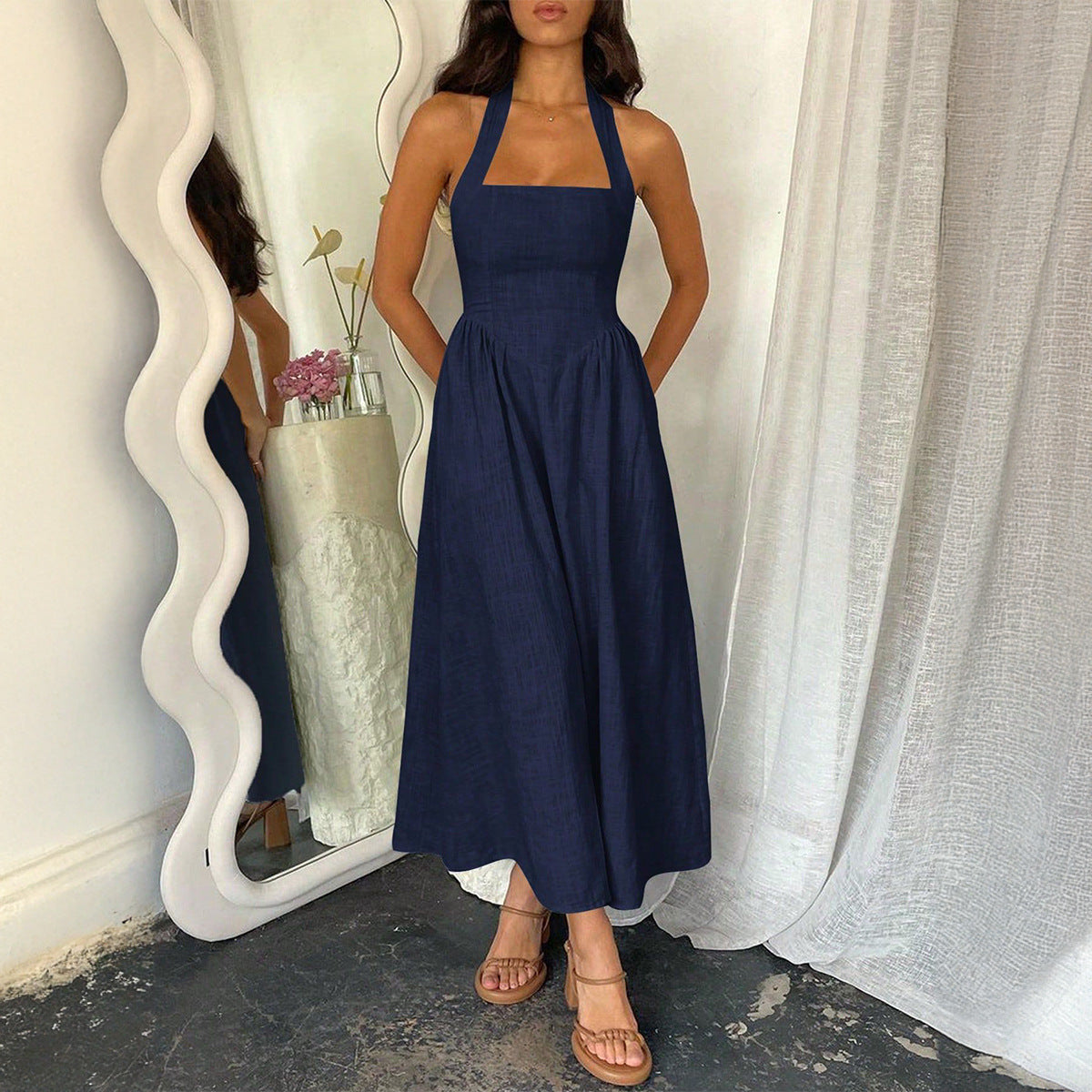 MYRNA - Vintage Summer Sleeveless Halter Neck A Line Maxi Dress