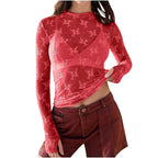 NOVY - Lace Mesh Long Sleeve Fitted Blouse