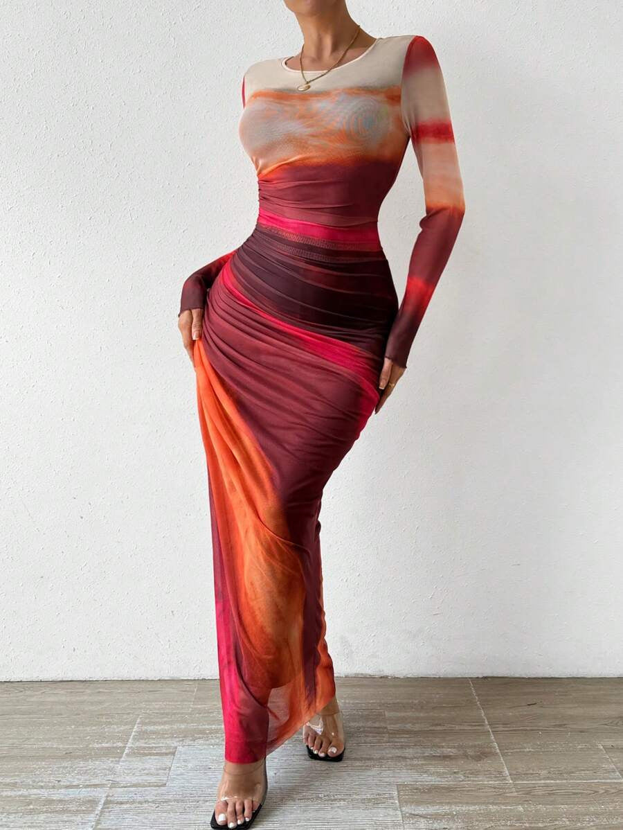 TORINA - Comfy Printed Long Sleeve Round Neck Bodycon Maxi Dress