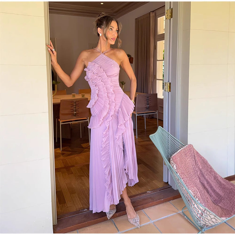 QUINTESSA - Elegant Halter Neck Lotus Summer Maxi Dress