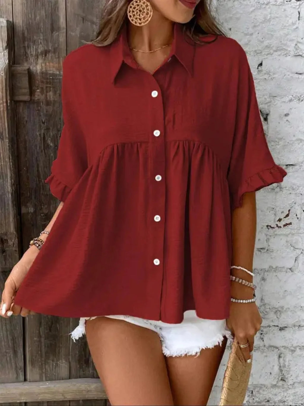 ELLASA - Casual Plus Size Ruffle Button-Front Blouse