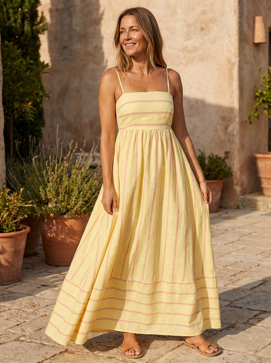 LAVELLE – Striped Spaghetti Strap Swing Maxi Dress