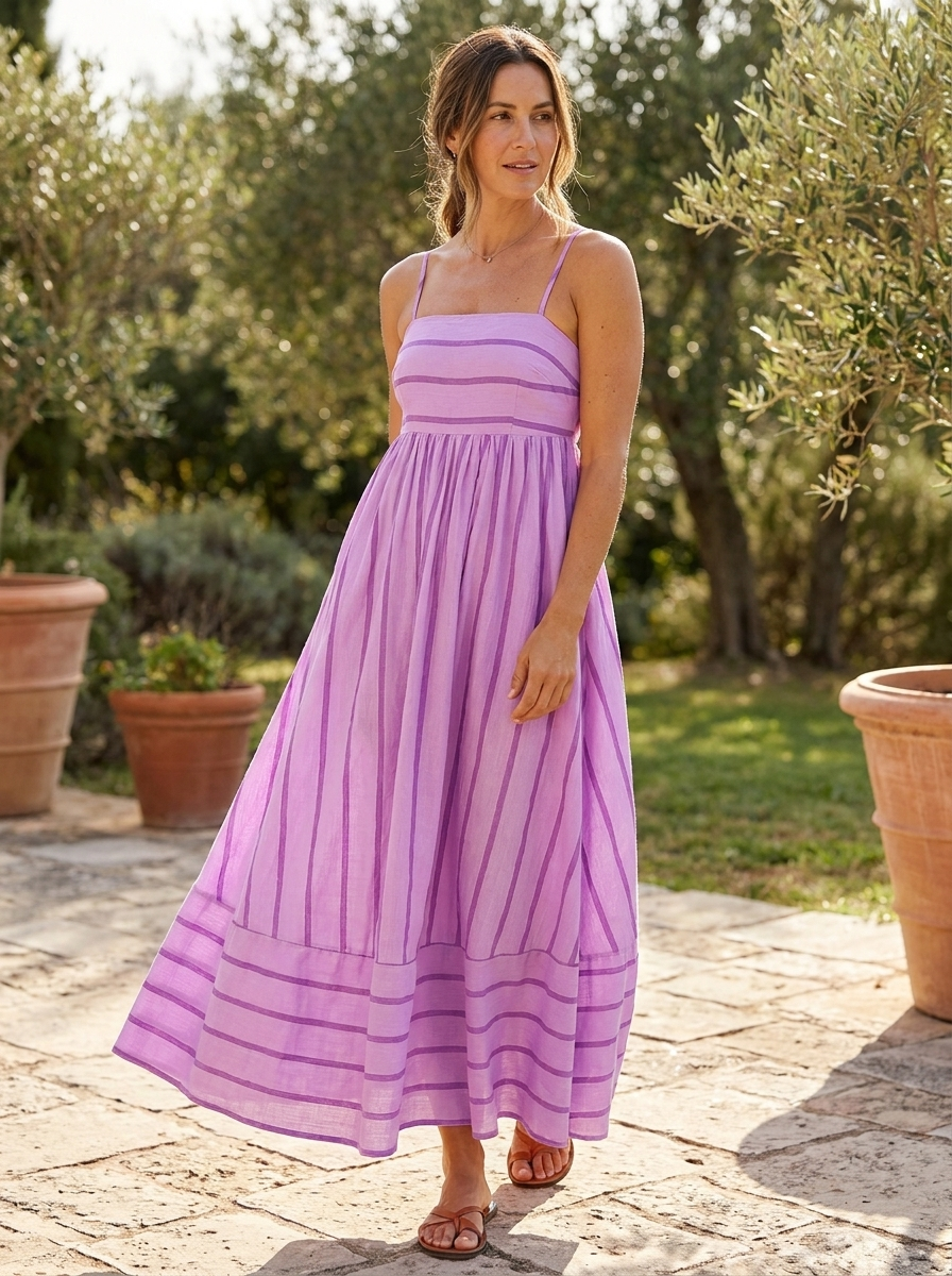 LAVELLE – Striped Spaghetti Strap Swing Maxi Dress