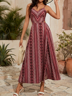 DELARA – Boho Print Backless Slit Dress