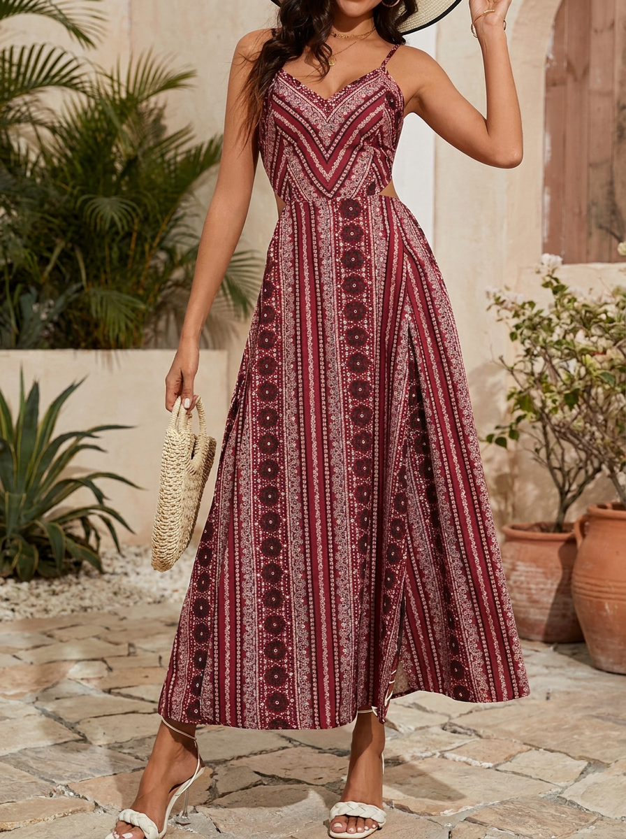 DELARA – Boho Print Backless Slit Dress