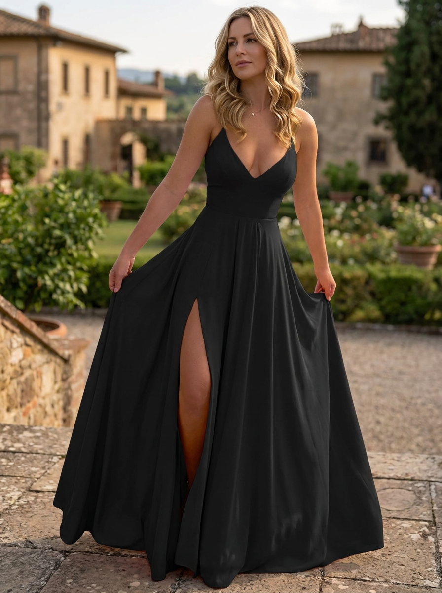 ROXANNE – Sleek Spaghetti Strap Slit Maxi Dress