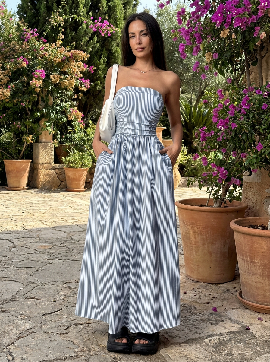 ZELDA – Striped Strapless Pocket Maxi Dress