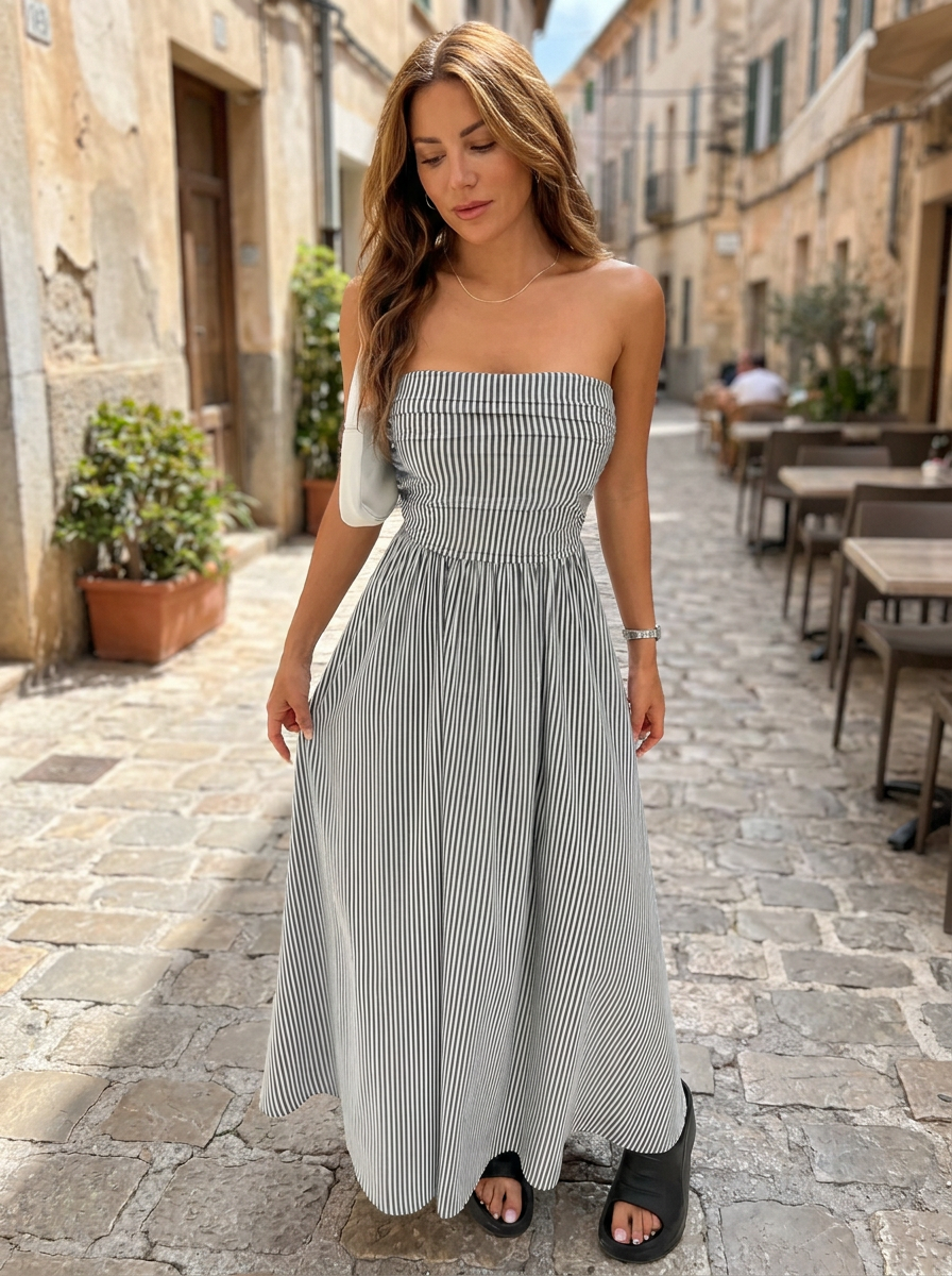 ZELDA – Striped Strapless Pocket Maxi Dress