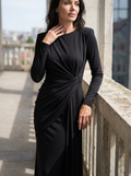 JOSALIE - Elegant Ruched Bodycon Dress with Padded Shoulders & Long Sleeve