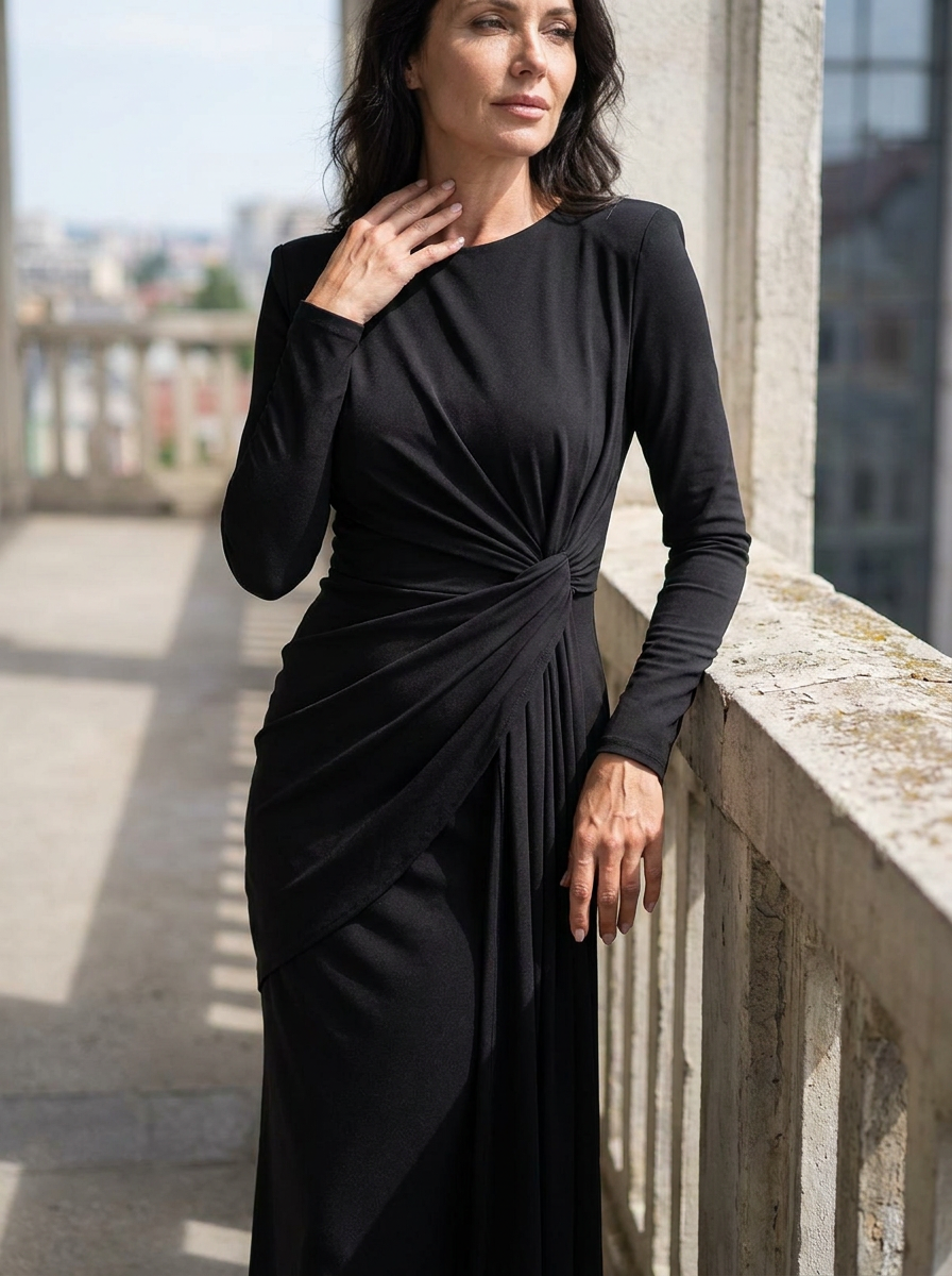 JOSALIE - Elegant Ruched Bodycon Dress with Padded Shoulders & Long Sleeve