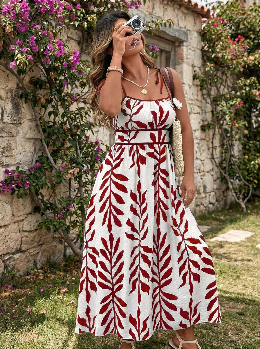 RAHIRA - Casual Sleeveless Summer Leaf Print Maxi Dress