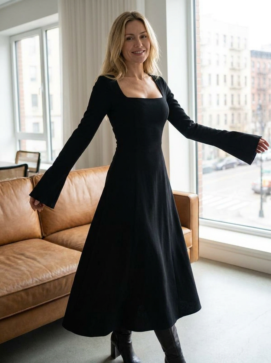 ERIN - Sophisticated Lace-Up Tie Back Flounce Sleeve A-Line Long Dress