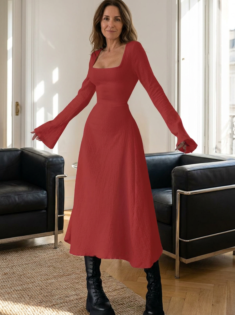 ERIN - Sophisticated Lace-Up Tie Back Flounce Sleeve A-Line Long Dress