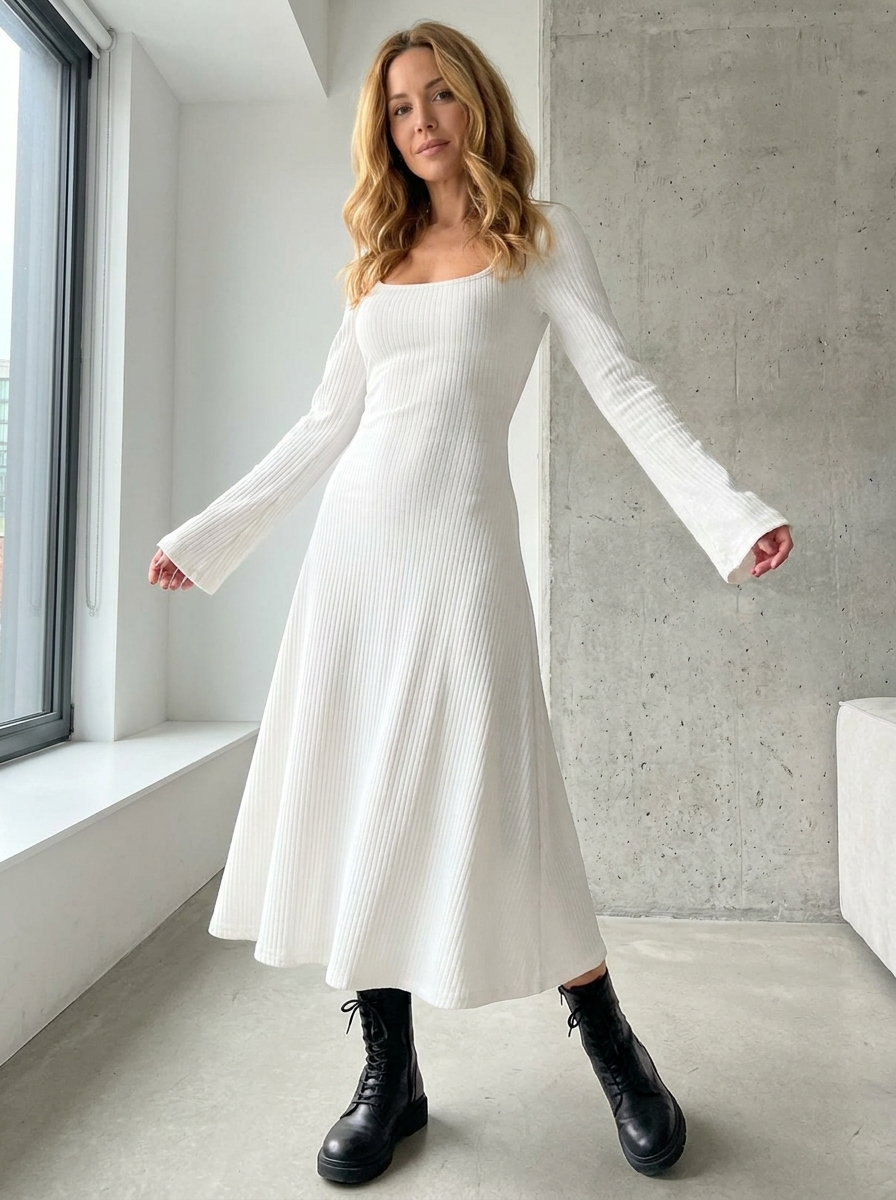 ERIN - Sophisticated Lace-Up Tie Back Flounce Sleeve A-Line Long Dress