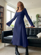 ERIN - Sophisticated Lace-Up Tie Back Flounce Sleeve A-Line Long Dress