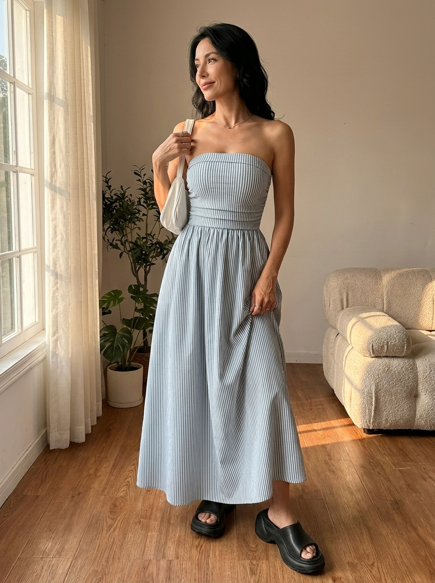 TRELLY– Classic Striped Summer Tube Maxi Dress
