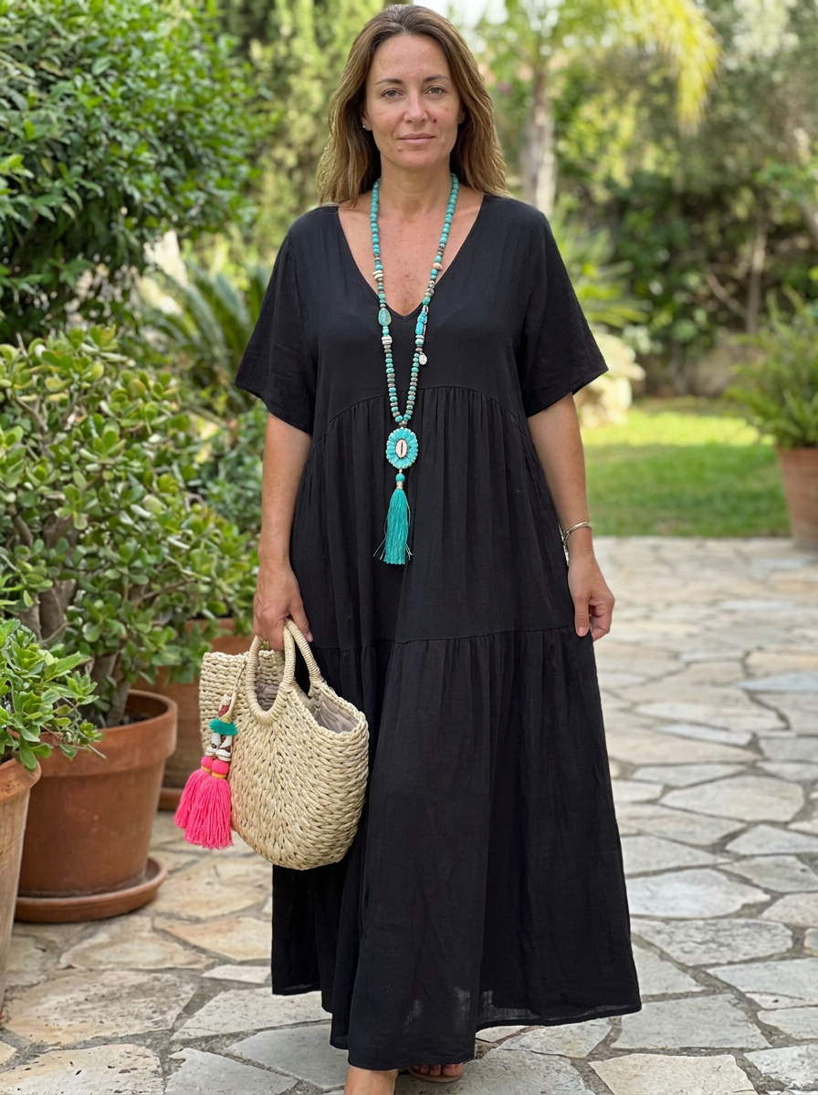 VIVIANI – Comfy V-Neck Casual Ruffle Boho Dress