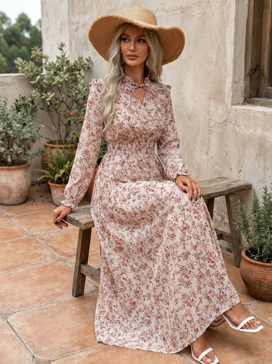 MOREN - Elegant Long Sleeve Floral Print A-Line Dress