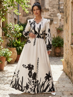 MOREN - Elegant Long Sleeve Floral Print A-Line Dress