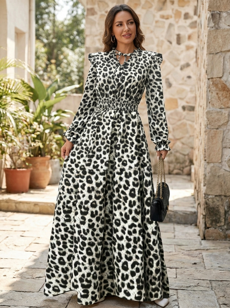 MOREN - Elegant Long Sleeve Floral Print A-Line Dress