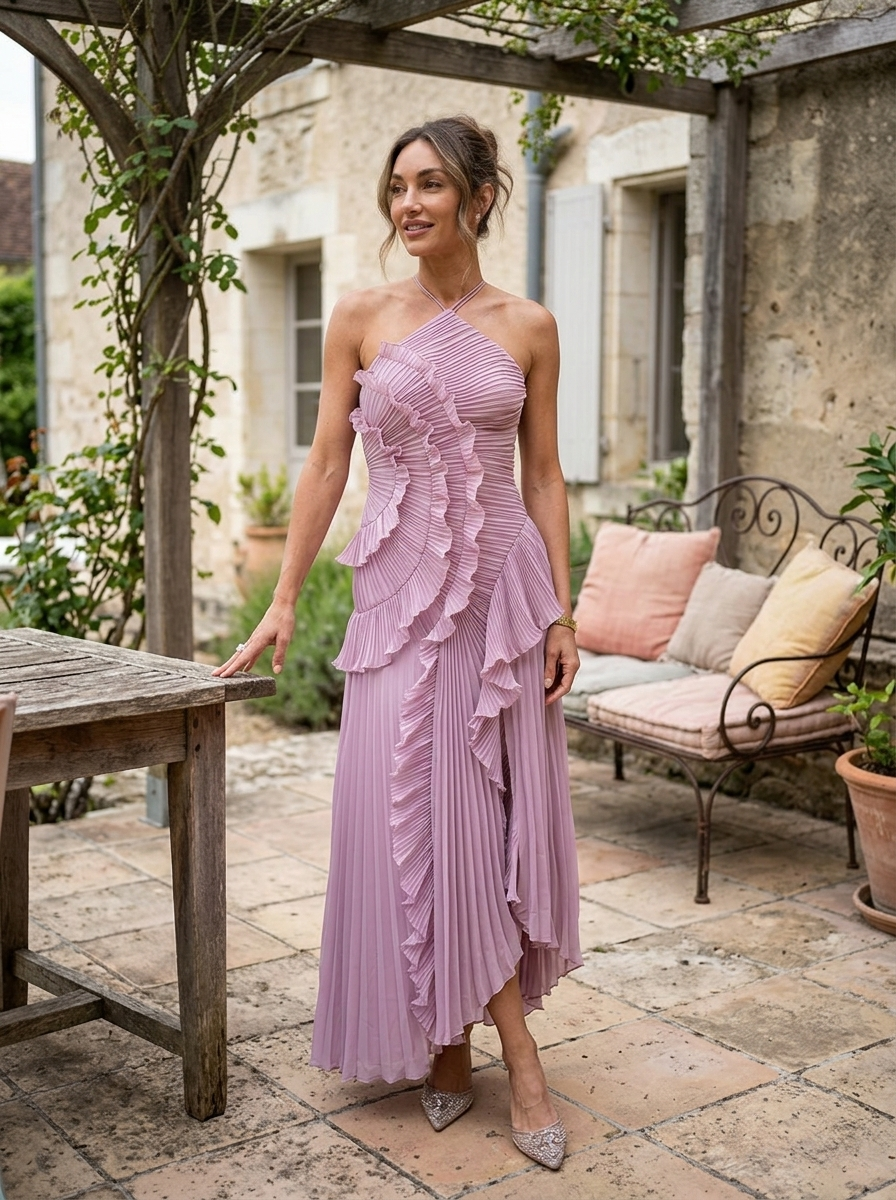 QUINTESSA - Elegant Halter Neck Lotus Summer Maxi Dress