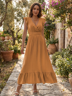 CATALINA – Elegant Shirred V Neck Maxi Dress