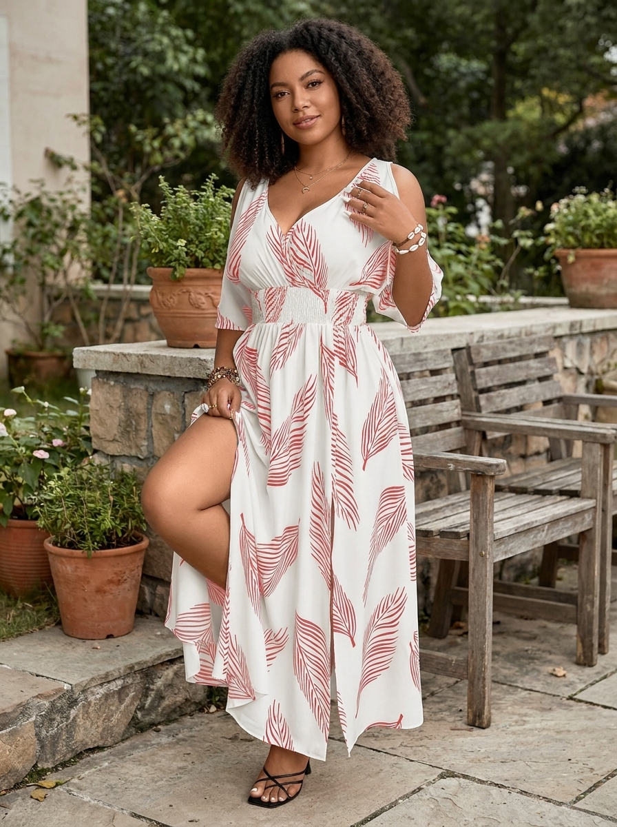 WAVENA – Boho Print Cold Shoulder Dress