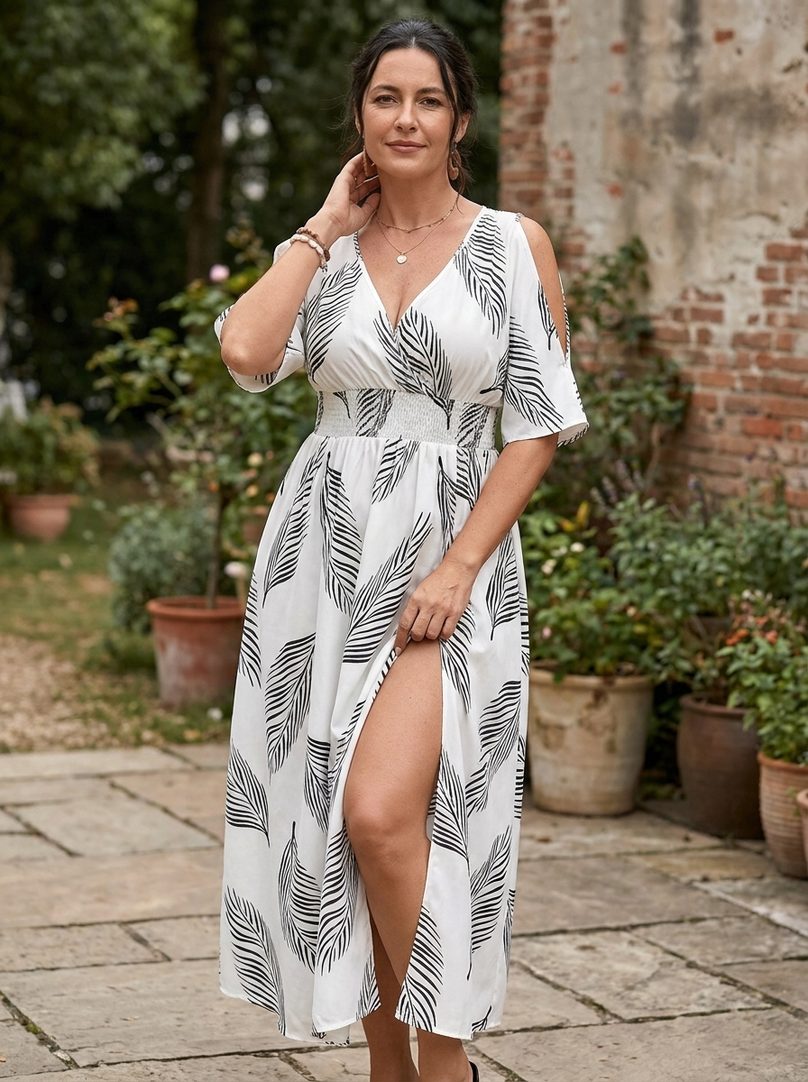 WAVENA – Boho Print Cold Shoulder Dress