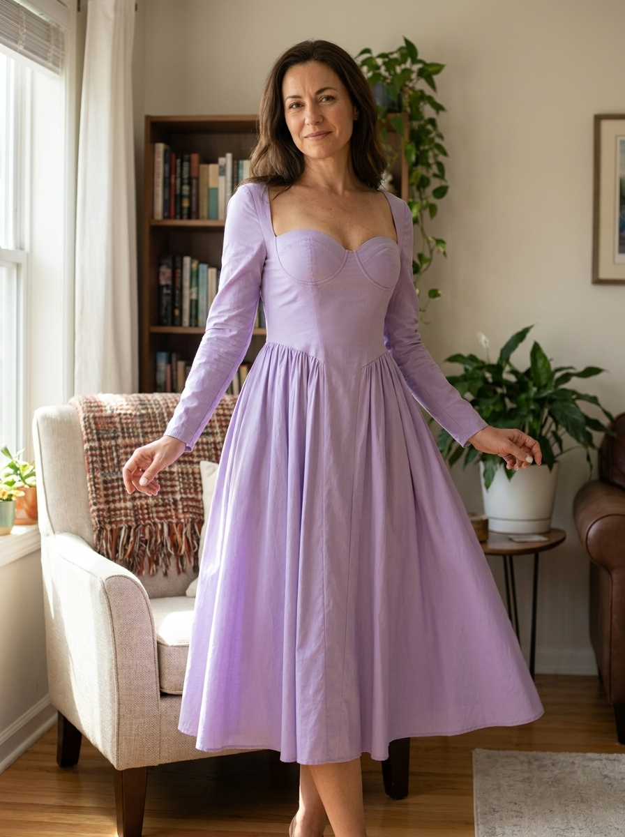 AKILA - Elegant Heart Neckline Long Sleeve A-Line Maxi Dress