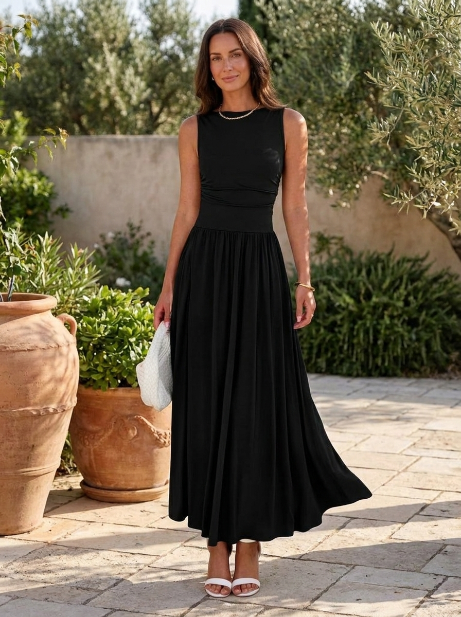 EMMIE- Chic Sleeveless Ruched High-Waisted Maxi Dress