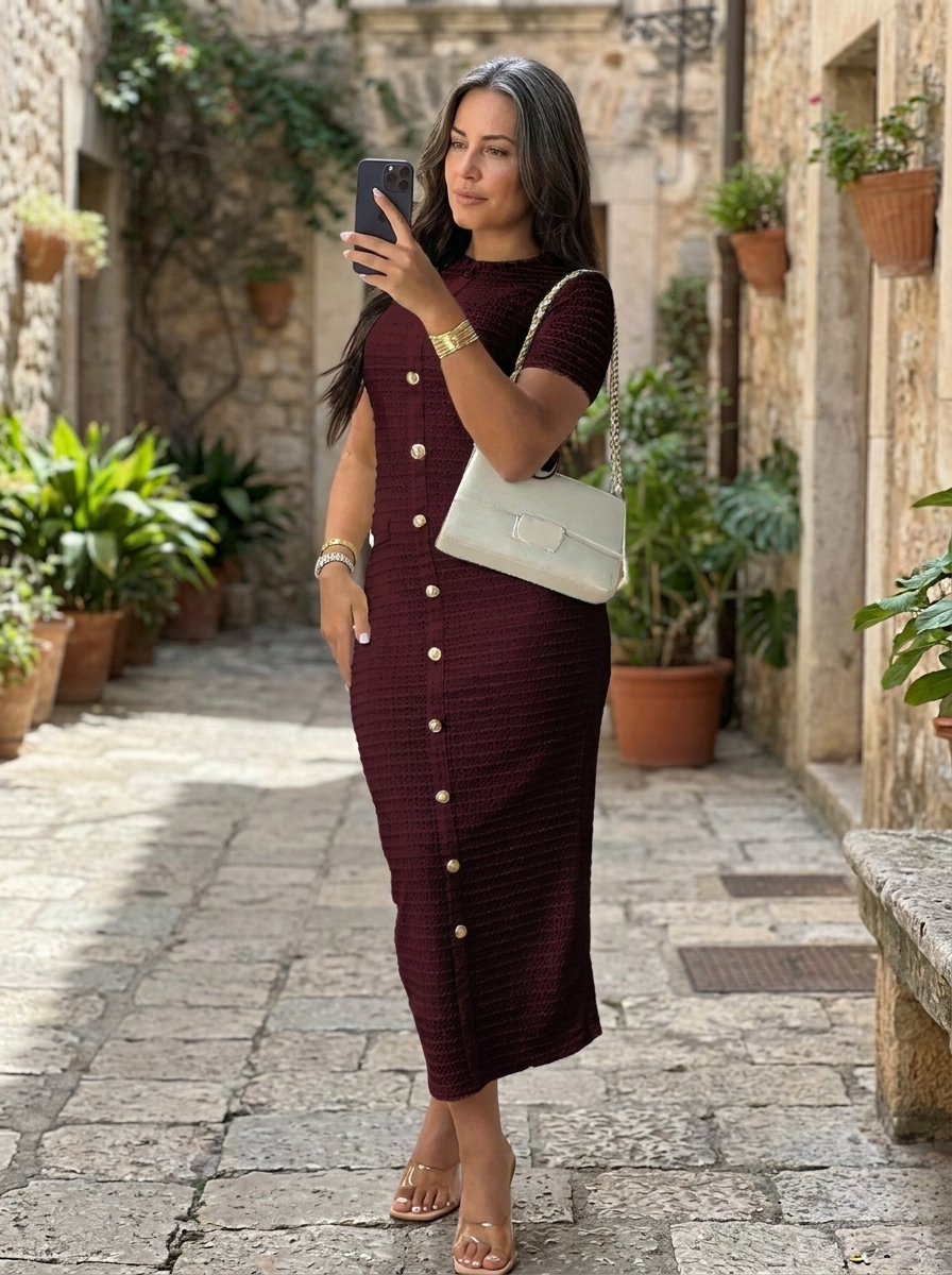 REGAN - Elegant Round Neck Fake Button Dress